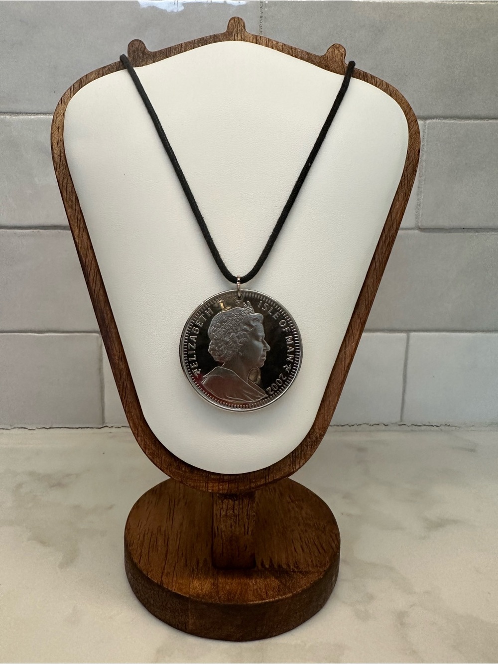 Isle of Man and Queen Elizabeth II Coin Pendant Necklace on Black Cord
